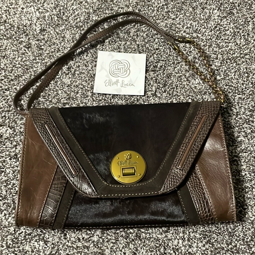 ELLIOTT LUCCA Brown Leather & Pony Hair Envelope Crossbody Purse or Clutch